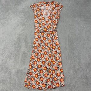 J Crew Dress Womens XXS Red Floral True Wrap Midi V Neck Cottage Boho Casual‎